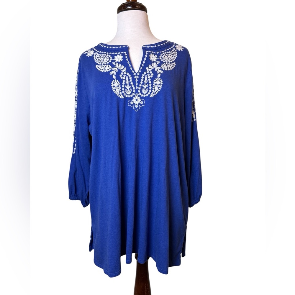 J Jill Tunic Embroidered Blue Women's Size XL Royal Blue 3/4 Ballon Sleeves